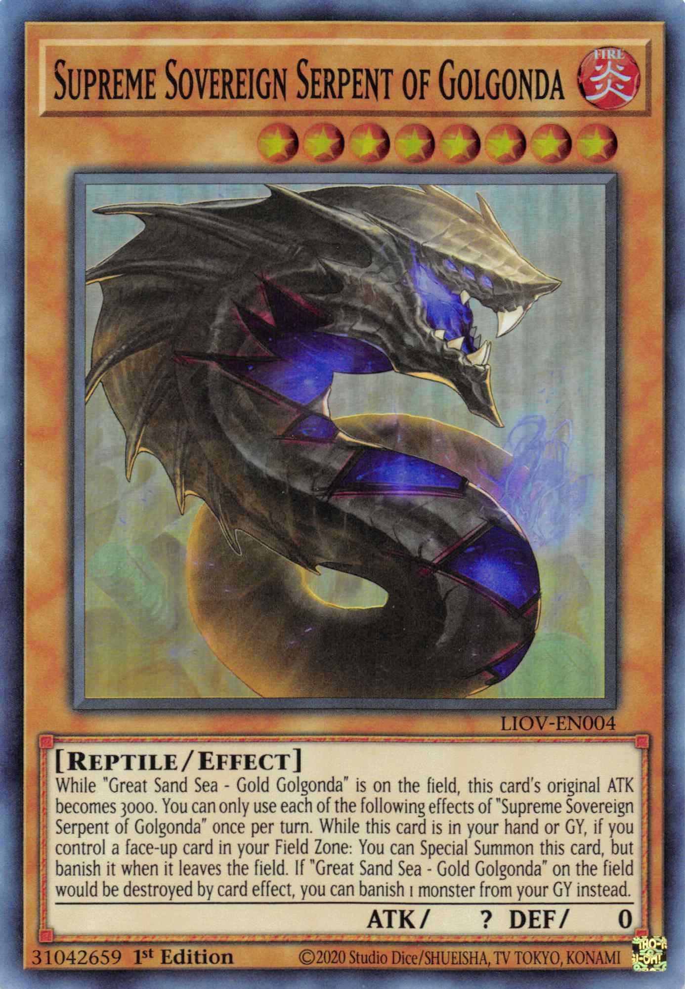 1st Edition, Effect Monster, Fire, Lightning Overdrive, Reptile, Super Rare Supreme Sovereign Serpent of Golgonda [LIOV-EN004] Super Rare - Trading Card World