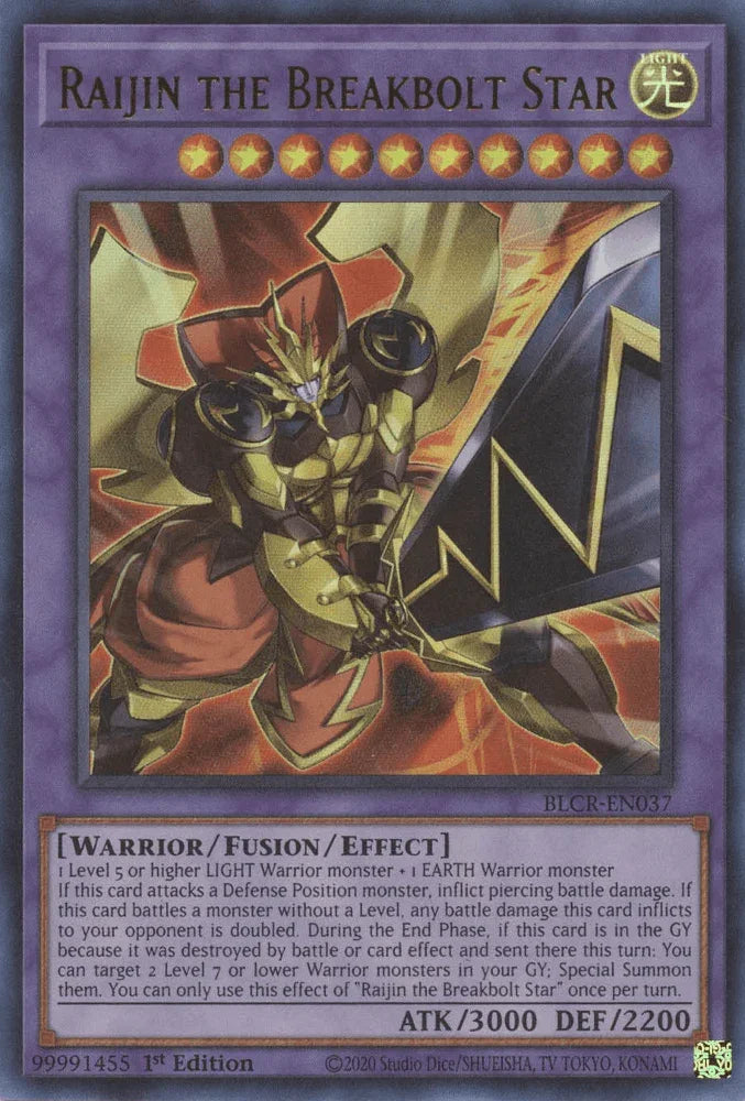 1st Edition, Battles of Legend: Crystal Revenge, Fusion/Effect Monster, Light, Ultra Rare, Warrior Raijin the Breakbolt Star [BLCR-EN037] Ultra Rare - Trading Card World