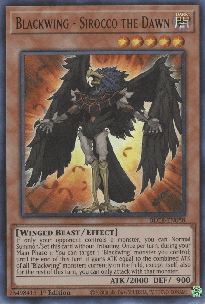 1st Edition, Battles of Legend: Crystal Revenge, Dark, Effect Monster, Ultra Rare, Winged Beast Blackwing - Sirocco the Dawn [BLCR-EN058] Ultra Rare - Trading Card World