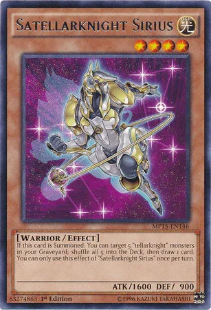 1st Edition, 2015 Mega-Tins Mega Pack, Effect Monster, Light, Rare, Warrior Satellarknight Sirius [MP15-EN146] Rare - Trading Card World