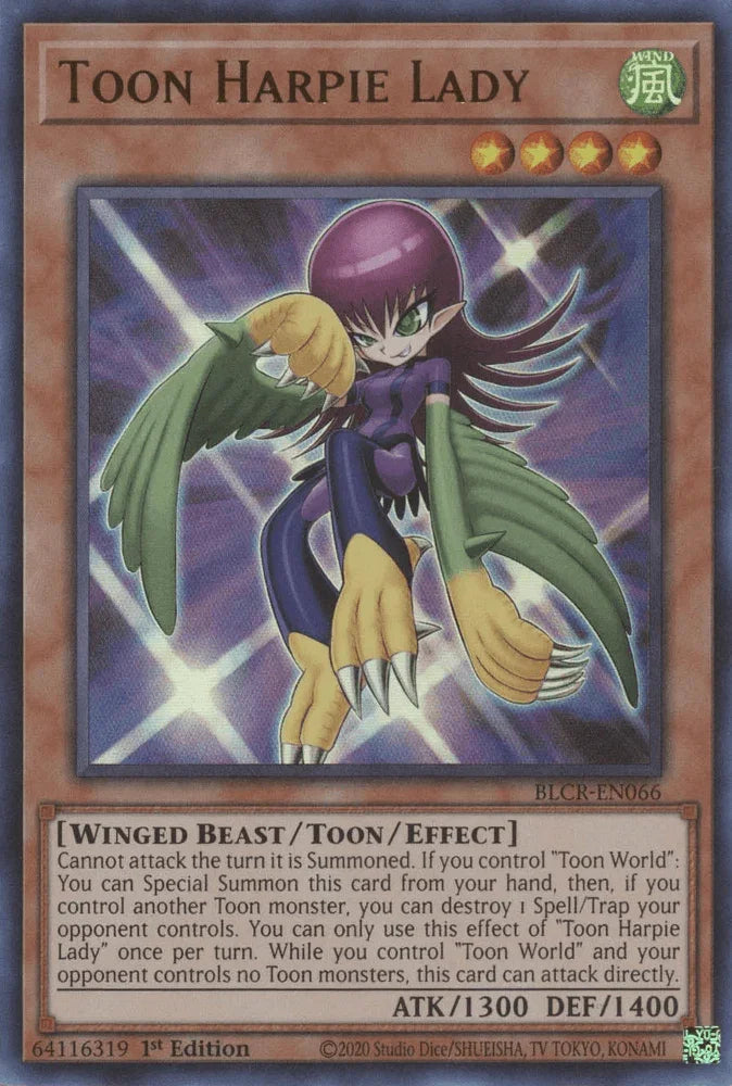 1st Edition, Battles of Legend: Crystal Revenge, Toon/Effect Monster, Ultra Rare, Wind, Winged Beast Toon Harpie Lady [BLCR-EN066] Ultra Rare - Trading Card World