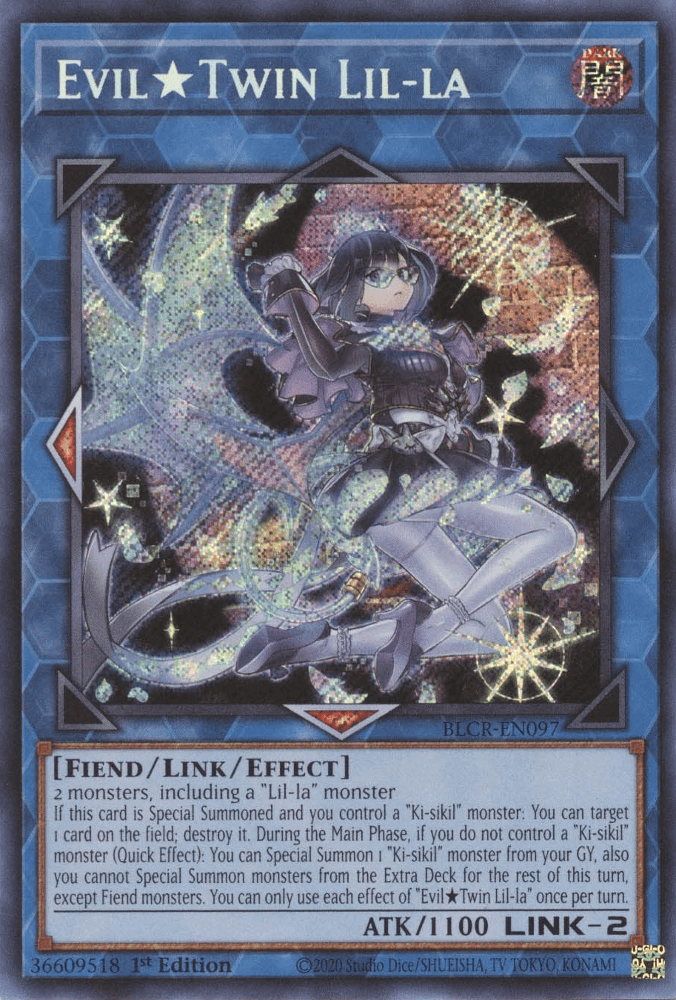 1st Edition, Battles of Legend: Crystal Revenge, Dark, Fiend, Link/Effect Monster, Secret Rare Evil Twin Lil-la [BLCR-EN097] Secret Rare - Trading Card World