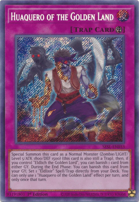 1st Edition, Continuous Trap, Secret Rare, Secret Slayers, Trap Huaquero of the Golden Land [SESL-EN033] Secret Rare - Trading Card World