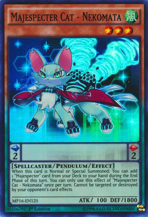 1st Edition, 2016 Mega-Tins Mega Pack, Pendulum/Effect Monster, Spellcaster, Super Rare, Unlimited, Wind Majespecter Cat - Nekomata [MP16-EN125] Super Rare - Trading Card World