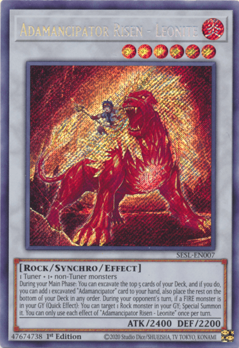 1st Edition, Fire, Rock, Secret Rare, Secret Slayers, Synchro/Effect Monster Adamancipator Risen - Leonite [SESL-EN007] Secret Rare - Trading Card World