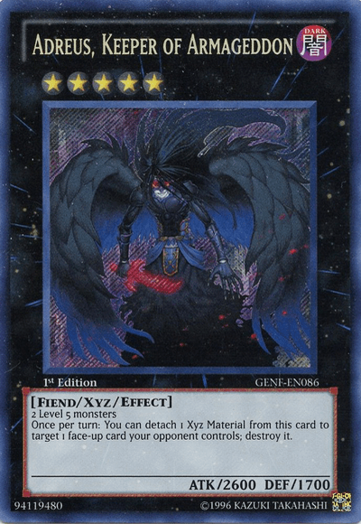 1st Edition, Dark, Fiend, Generation Force, Secret Rare, Unlimited, Xyz/Effect Monster Adreus, Keeper of Armageddon [GENF-EN086] Secret Rare - Trading Card World