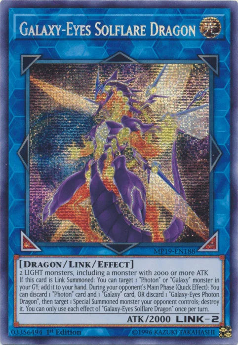 1st Edition, 2019 Gold Sarcophagus Tin Mega Pack, Dragon, Light, Link/Effect Monster, Prismatic Secret Rare, Unlimited Galaxy-Eyes Solflare Dragon [MP19-EN188] Prismatic Secret Rare - Trading Card World