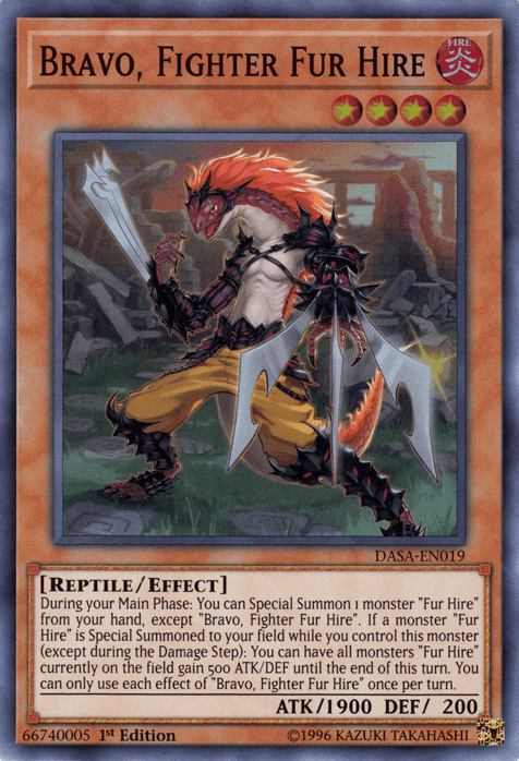 1st Edition, Dark Saviors, Effect Monster, Fire, Reptile, Super Rare, Unlimited Bravo, Fighter Fur Hire [DASA-EN019] Super Rare - Trading Card World
