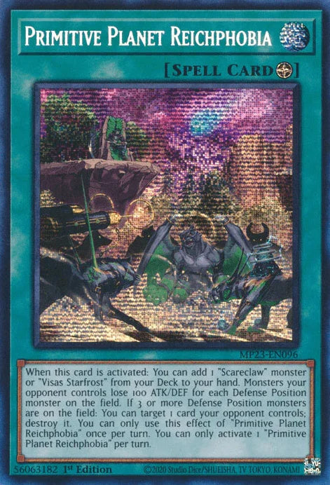 1st Edition, Dueling Heroes Collectors Tin - Mega Pack (25th Anniversary Edition), Field Spell, Prismatic Secret Rare, Spell Primitive Planet Reichphobia [MP23-EN096] Prismatic Secret Rare - Trading Card World