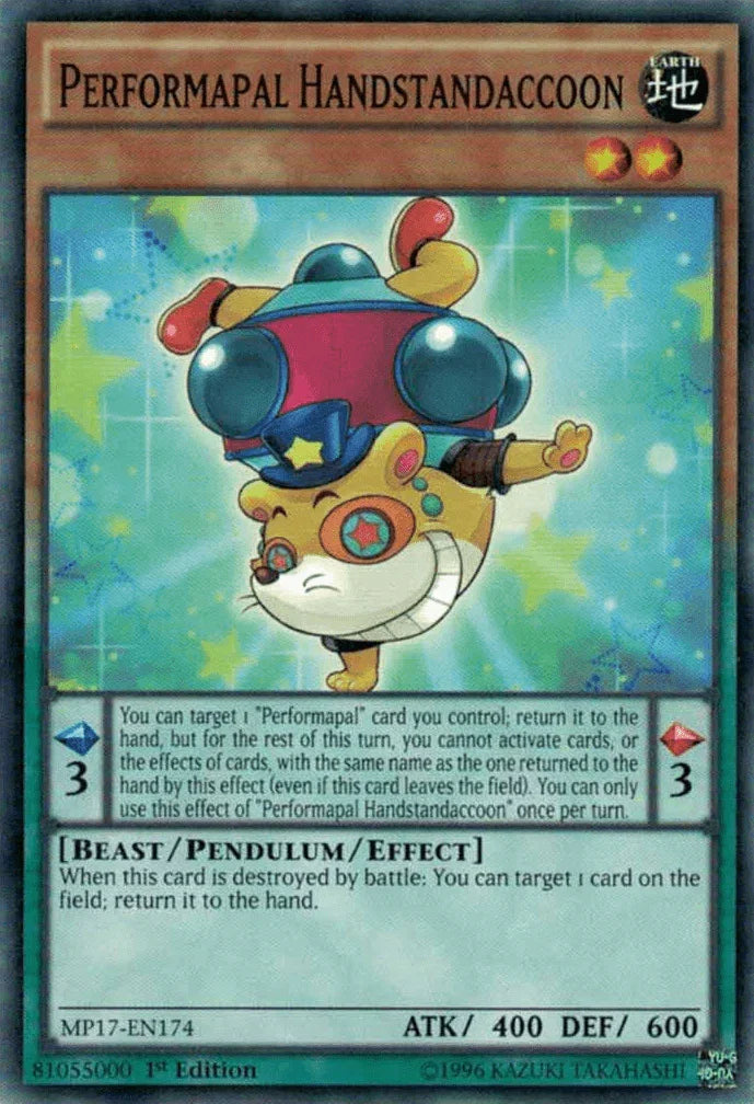 1st Edition, 2017 Mega-Tins Mega Pack, Beast, Common, Earth, Pendulum/Effect Monster Performapal Handstandaccoon [MP17-EN174] Common - Trading Card World