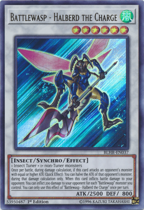 1st Edition, Battles of Legend: Hero's Revenge, Insect, Synchro/Effect Monster, Ultra Rare, Wind Battlewasp - Halberd the Charge [BLHR-EN037] Ultra Rare - Trading Card World