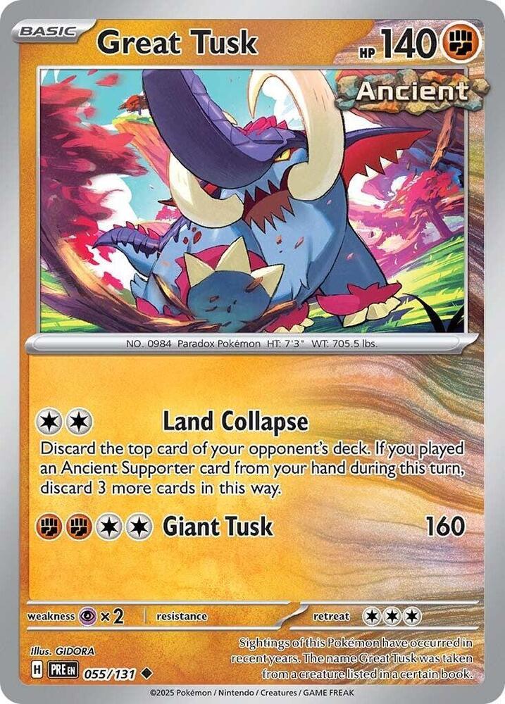 055, Fighting, Normal, Psychic [x2], Reverse Holofoil, Scarlet & Violet: Prismatic Evolutions, Uncommon Great Tusk (055/131) [Scarlet & Violet: Prismatic Evolutions] - Trading Card World