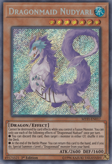 1st Edition, Dragon, Effect Monster, Mystic Fighters, Secret Rare, Water Dragonmaid Nudyarl [MYFI-EN017] Secret Rare - Trading Card World