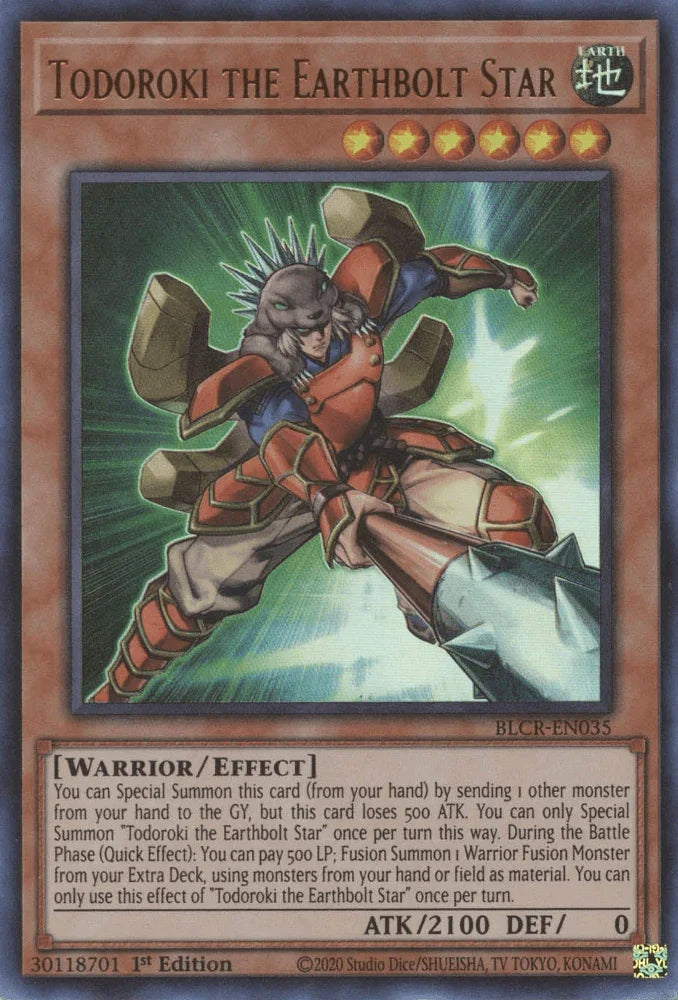 1st Edition, Battles of Legend: Crystal Revenge, Earth, Effect Monster, Ultra Rare, Warrior Todoroki the Earthbolt Star [BLCR-EN035] Ultra Rare - Trading Card World