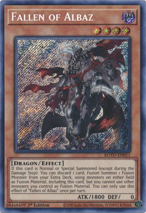 1st Edition, Dark, Dragon, Effect Monster, Rise of the Duelist, Secret Rare Fallen of Albaz [ROTD-EN011] Secret Rare - Trading Card World