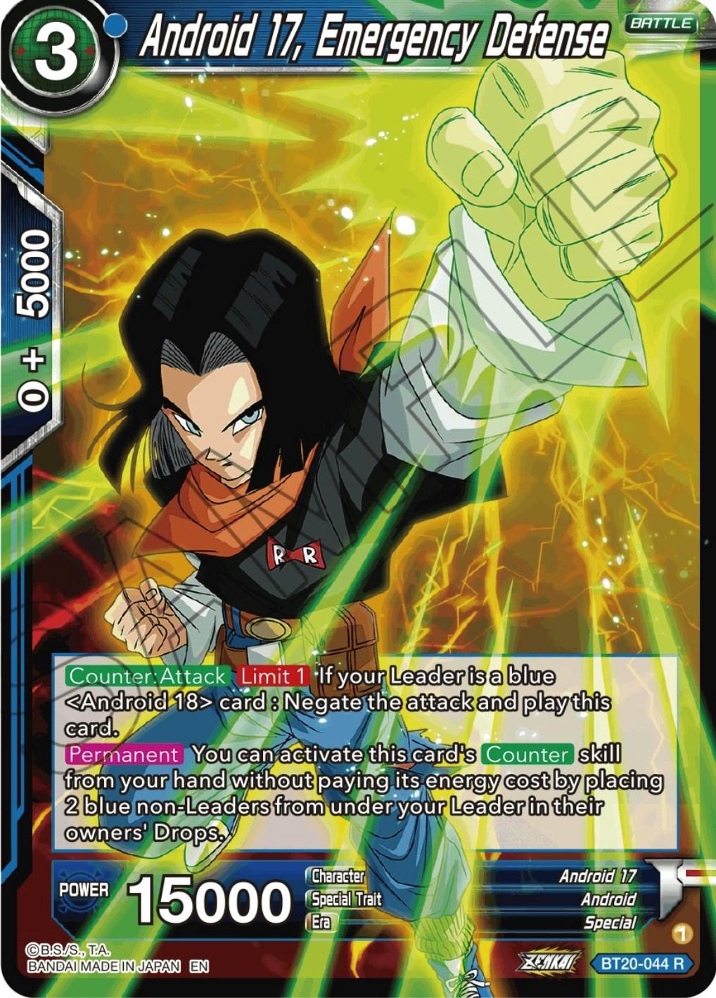 Android, Android 17, Battle, Blue, BT20-044, Normal, Parallel Foil, Power Absorbed, Rare, Special Android 17, Emergency Defense (BT20-044) [Power Absorbed] - Trading Card World