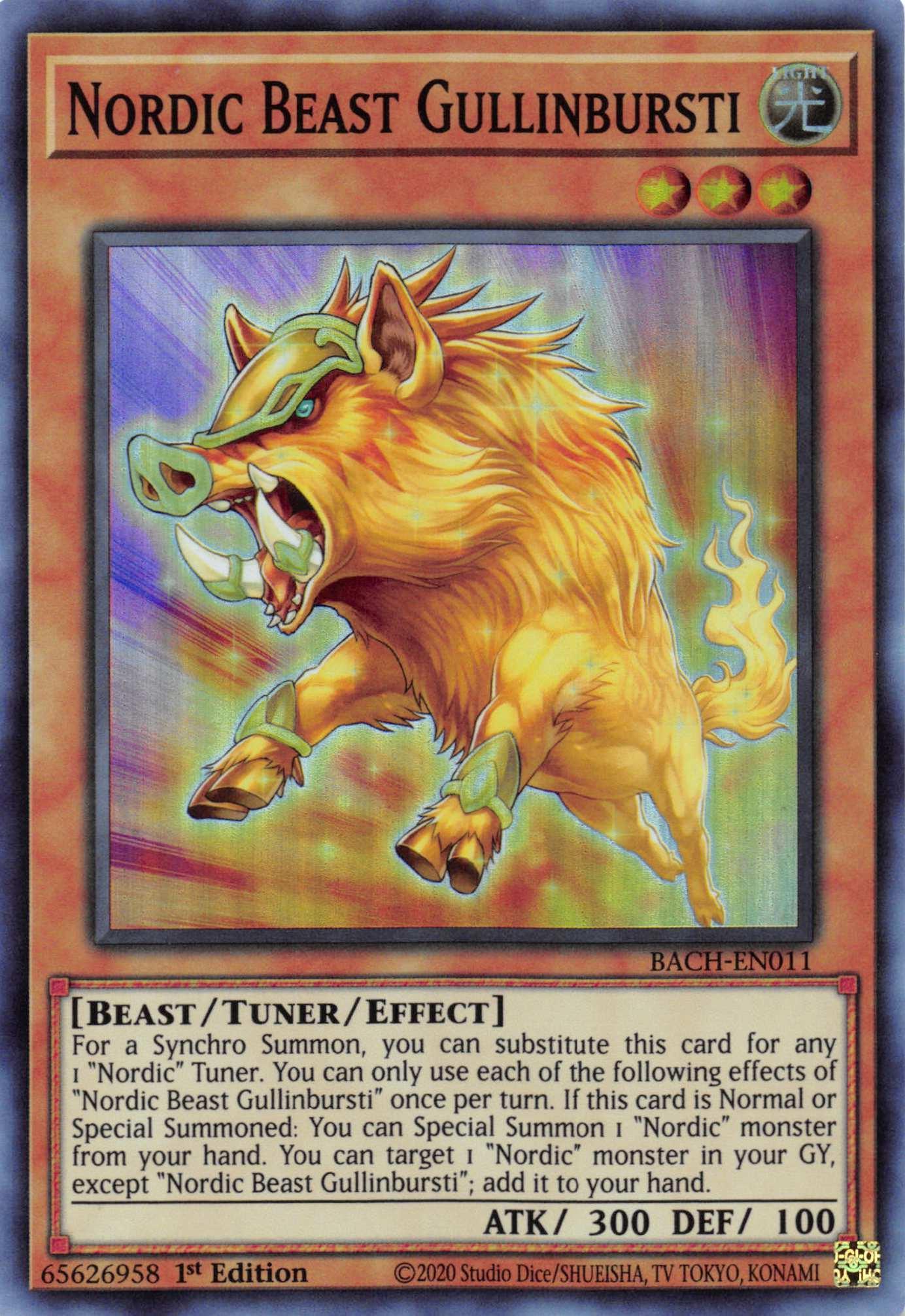 1st Edition, Battle of Chaos, Beast, Light, Super Rare, Tuner/Effect Monster Nordic Beast Gullinbursti [BACH-EN011] Super Rare - Trading Card World