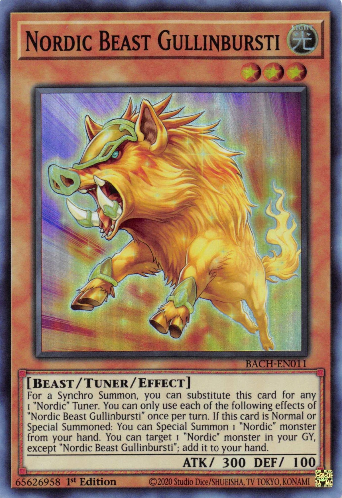 1st Edition, Battle of Chaos, Beast, Light, Super Rare, Tuner/Effect Monster Nordic Beast Gullinbursti [BACH-EN011] Super Rare - Trading Card World
