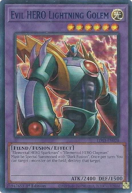 1st Edition, Fiend, Fusion/Effect Monster, Legendary Duelists: Season 3, Light, Ultra Rare Evil HERO Lightning Golem (Blue) [LDS3-EN028] Ultra Rare - Trading Card World