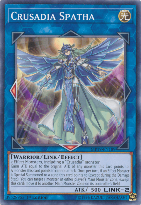 1st Edition, 2019 Gold Sarcophagus Tin Mega Pack, Common, Light, Link/Effect Monster, Unlimited, Warrior Crusadia Spatha [MP19-EN189] Common - Trading Card World