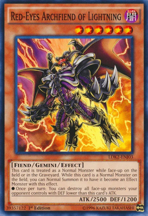 1st Edition, Common, Dark, Fiend, Gemini/Effect Monster, Legendary Decks II, Unlimited Red-Eyes Archfiend of Lightning [LDK2-ENJ03] Common - Trading Card World