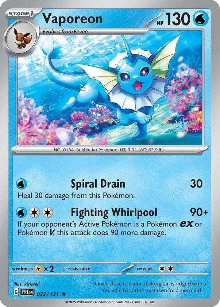 022, Holofoil, Lightning [x2], Rare, Reverse Holofoil, Scarlet & Violet: Prismatic Evolutions, Water Vaporeon (022/131) [Scarlet & Violet: Prismatic Evolutions] - Trading Card World