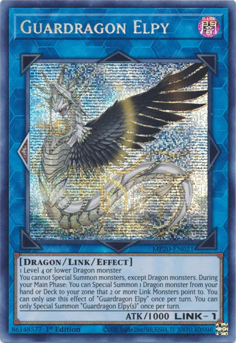 1st Edition, 2020 Tin of Lost Memories, Dark, Dragon, Link/Effect Monster, Prismatic Secret Rare Guardragon Elpy [MP20-EN021] Prismatic Secret Rare - Trading Card World