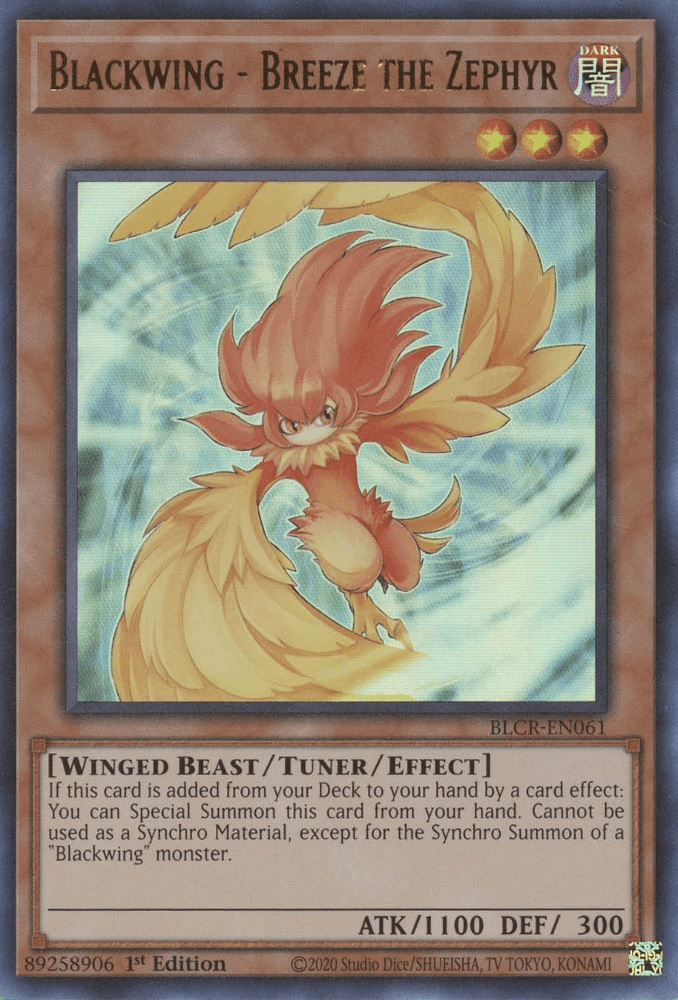 1st Edition, Battles of Legend: Crystal Revenge, Dark, Tuner/Effect Monster, Ultra Rare, Winged Beast Blackwing - Breeze the Zephyr [BLCR-EN061] Ultra Rare - Trading Card World