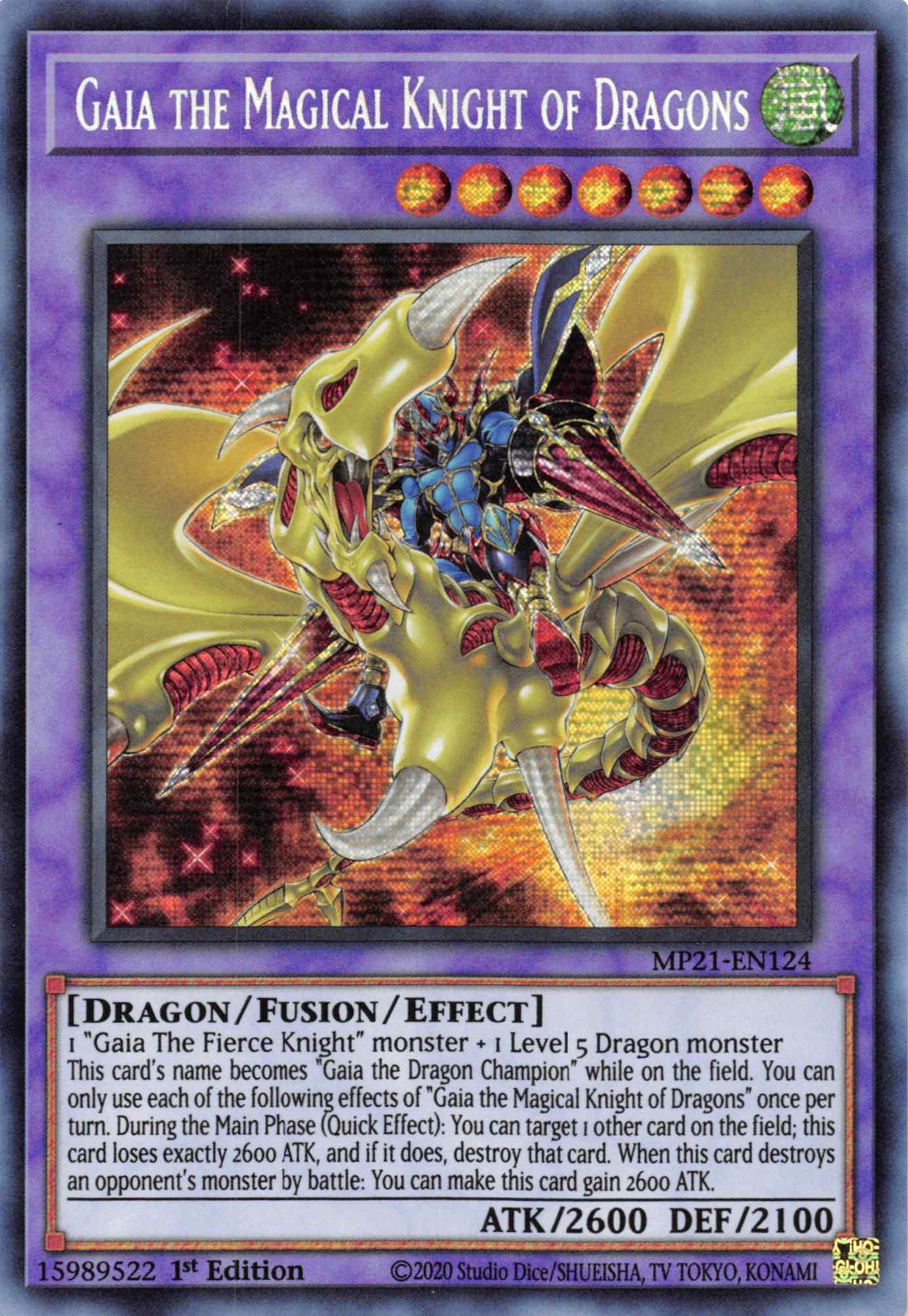 1st Edition, 2021 Tin of Ancient Battles, Dragon, Fusion/Effect Monster, Prismatic Secret Rare, Wind Gaia the Magical Knight of Dragons [MP21-EN124] Prismatic Secret Rare - Trading Card World
