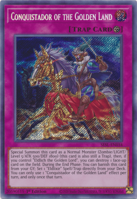 1st Edition, Continuous Trap, Secret Rare, Secret Slayers, Trap Conquistador of the Golden Land [SESL-EN034] Secret Rare - Trading Card World