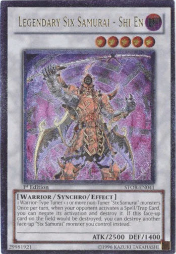 1st Edition, Dark, Storm of Ragnarok, Synchro/Effect Monster, Ultimate Rare, Unlimited, Warrior Legendary Six Samurai - Shi En [STOR-EN041] Ultimate Rare - Trading Card World