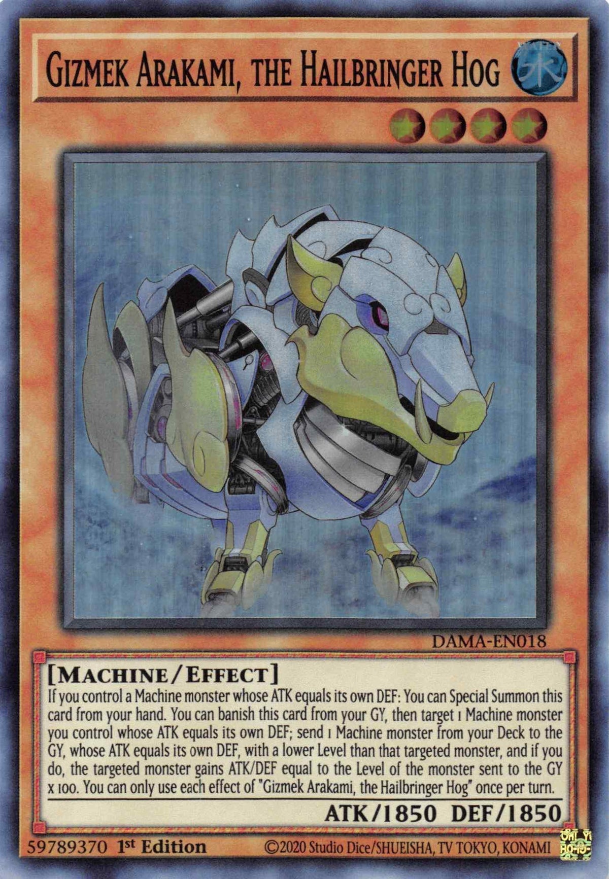 1st Edition, Dawn of Majesty, Effect Monster, Machine, Super Rare, Water Gizmek Arakami, the Hailbringer Hog [DAMA-EN018] Super Rare - Trading Card World