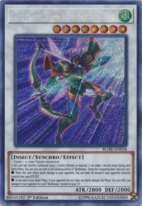 1st Edition, Battles of Legend: Hero's Revenge, Insect, Secret Rare, Synchro/Effect Monster, Wind Battlewasp - Hama the Conquering Bow [BLHR-EN038] Secret Rare - Trading Card World