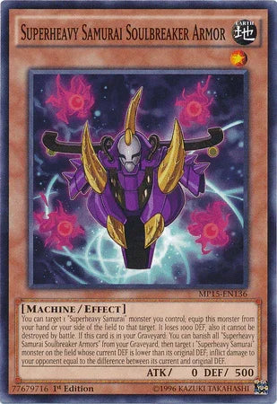 1st Edition, 2015 Mega-Tins Mega Pack, Common, Earth, Effect Monster, Machine Superheavy Samurai Soulbreaker Armor [MP15-EN136] Common - Trading Card World