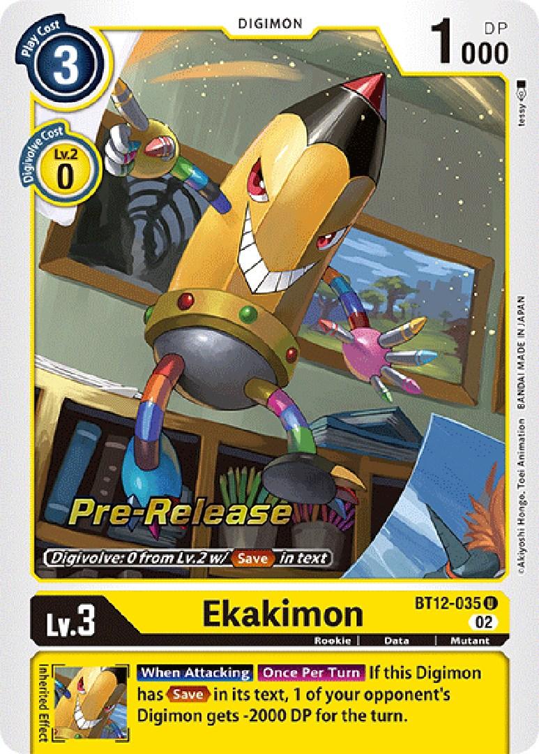 Across Time Pre-Release Cards, BT12-035, Data, Digimon, Mutant, Rookie, Uncommon, Yellow Ekakimon [BT12-035] [Across Time Pre-Release Cards] - Trading Card World