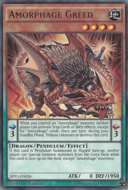 1st Edition, Dragon, Earth, Pendulum/Effect Monster, Rare, Shining Victories, Unlimited Amorphage Greed [SHVI-EN026] Rare - Trading Card World