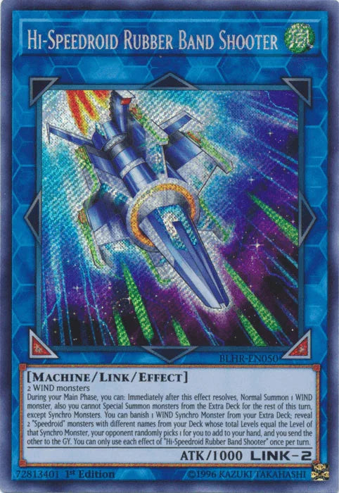 1st Edition, Battles of Legend: Hero's Revenge, Link/Effect Monster, Machine, Secret Rare, Wind Hi-Speedroid Rubber Band Shooter [BLHR-EN050] Secret Rare - Trading Card World