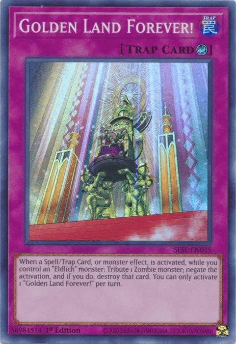 1st Edition, Counter Trap, Secret Slayers, Super Rare, Trap Golden Land Forever! [SESL-EN035] Super Rare - Trading Card World