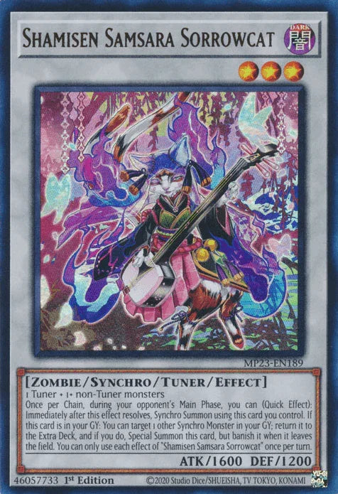 1st Edition, Dark, Dueling Heroes Collectors Tin - Mega Pack (25th Anniversary Edition), Synchro/Turner/Effect Monster, Ultra Rare, Zombie Shamisen Samsara Sorrowcat [MP23-EN189] Ultra Rare - Trading Card World