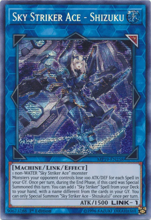 1st Edition, 2019 Gold Sarcophagus Tin Mega Pack, Link/Effect Monster, Machine, Prismatic Secret Rare, Unlimited, Water Sky Striker Ace - Shizuku [MP19-EN258] Prismatic Secret Rare - Trading Card World
