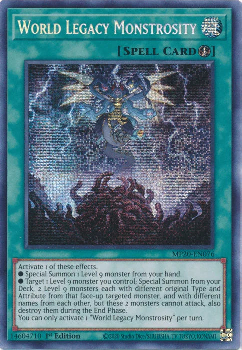1st Edition, 2020 Tin of Lost Memories, Prismatic Secret Rare, Quick Play Spell, Spell World Legacy Monstrosity [MP20-EN076] Prismatic Secret Rare - Trading Card World