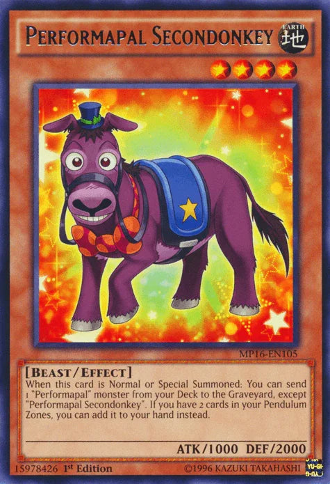 1st Edition, 2016 Mega-Tins Mega Pack, Beast, Earth, Effect Monster, Rare, Unlimited Performapal Secondonkey [MP16-EN105] Rare - Trading Card World