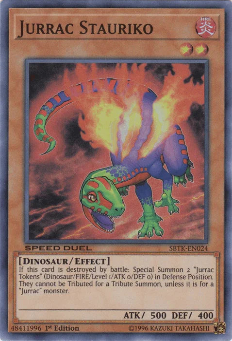 1st Edition, Dinosaur, Effect Monster, Fire, Speed Duel: Trials of the Kingdom, Super Rare Jurrac Stauriko [SBTK-EN024] Super Rare - Trading Card World