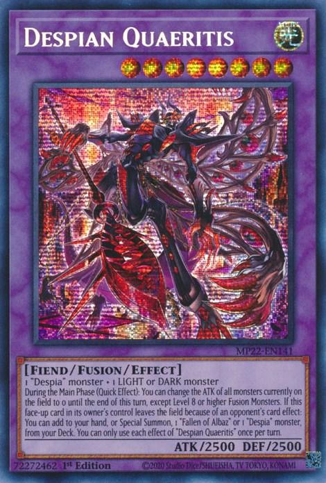 1st Edition, 2022 Tin of the Pharaoh's Gods, Fiend, Fusion/Effect Monster, Light, Prismatic Secret Rare Despian Quaeritis [MP22-EN141] Prismatic Secret Rare - Trading Card World