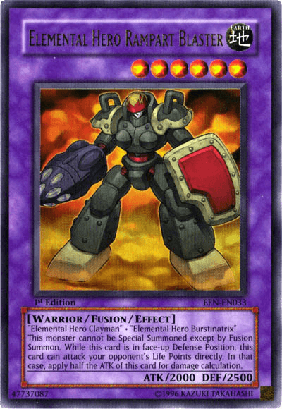 1st Edition, Earth, Elemental Energy, Fusion/Effect Monster, Ultra Rare, Unlimited, Warrior Elemental Hero Rampart Blaster [EEN-EN033] Ultra Rare - Trading Card World