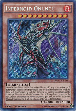 1st Edition, 2015 Mega-Tins Mega Pack, Effect Monster, Fiend, Fire, Secret Rare Infernoid Onuncu [MP15-EN209] Secret Rare - Trading Card World