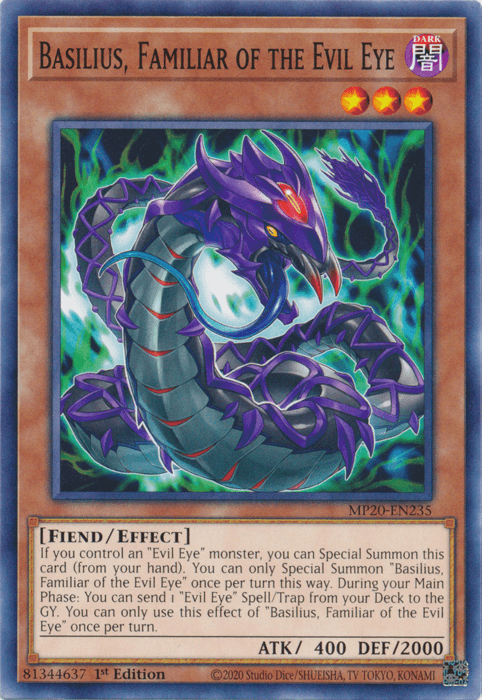 1st Edition, 2020 Tin of Lost Memories, Common, Dark, Effect Monster, Fiend Basilius, Familiar of the Evil Eye [MP20-EN235] Common - Trading Card World