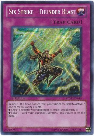 1st Edition, Normal Trap, Secret Rare, Storm of Ragnarok, Trap, Unlimited Six Strike - Thunder Blast [STOR-EN089] Secret Rare - Trading Card World