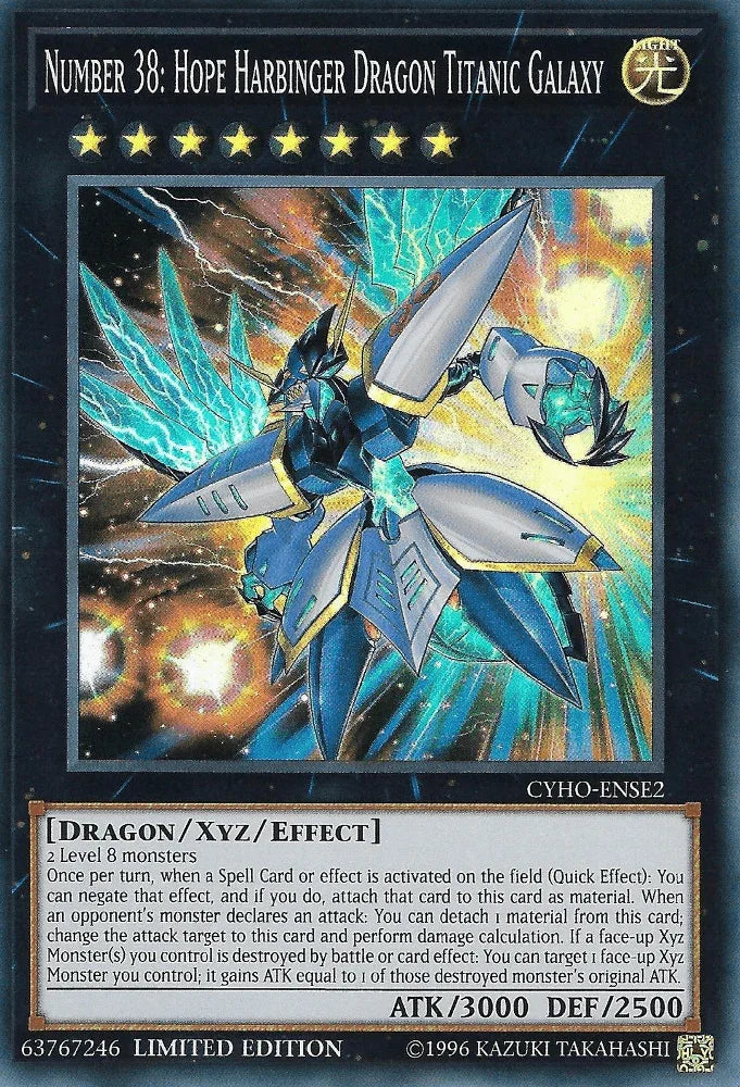 Cybernetic Horizon, Dragon, Light, Limited, Super Rare, Xyz/Effect Monster Number 38: Hope Harbinger Dragon Titanic Galaxy [CYHO-ENSE2] Super Rare - Trading Card World