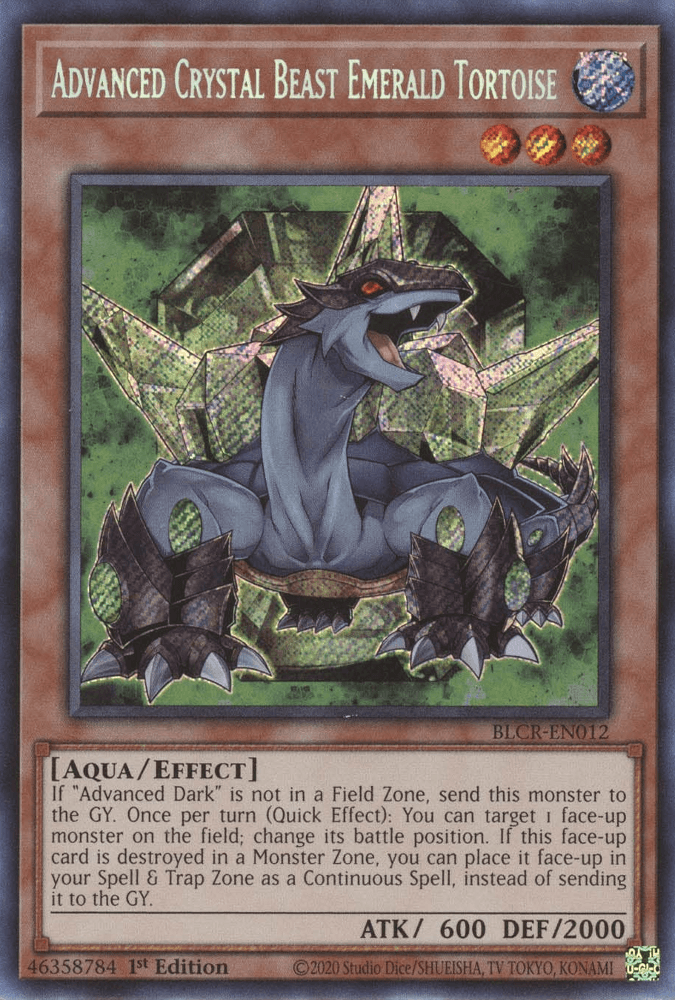 1st Edition, Aqua, Battles of Legend: Crystal Revenge, Effect Monster, Secret Rare, Water Advanced Crystal Beast Emerald Tortoise [BLCR-EN012] Secret Rare - Trading Card World